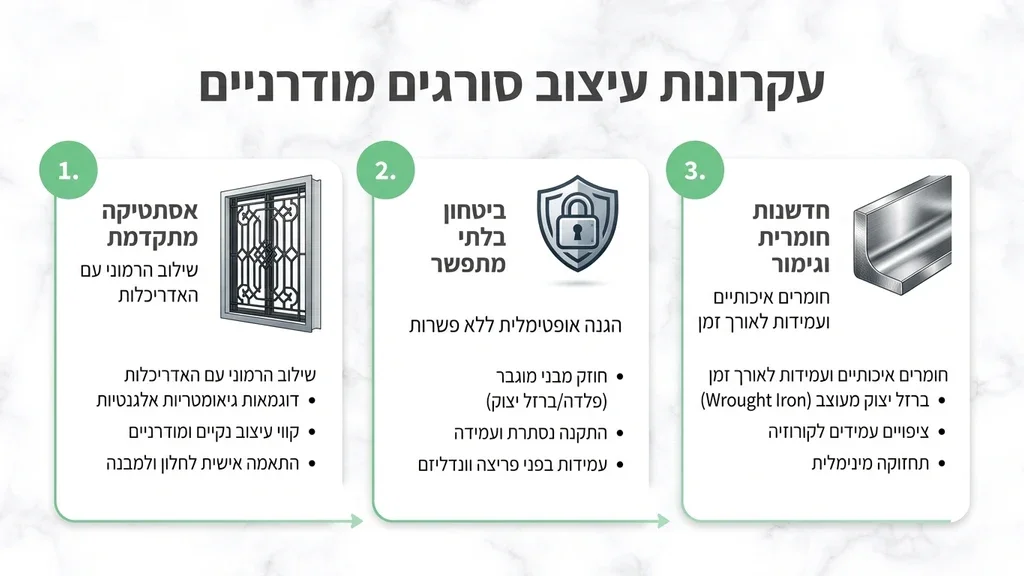 סורגים מעוצבים לחלונות המשתלבים בצורה הרמונית בחזית מבנה מודרני